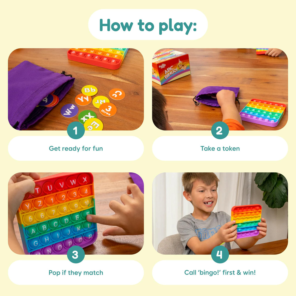 The Fidget Game ABC Bingo drawstring bag keeps components portable.
