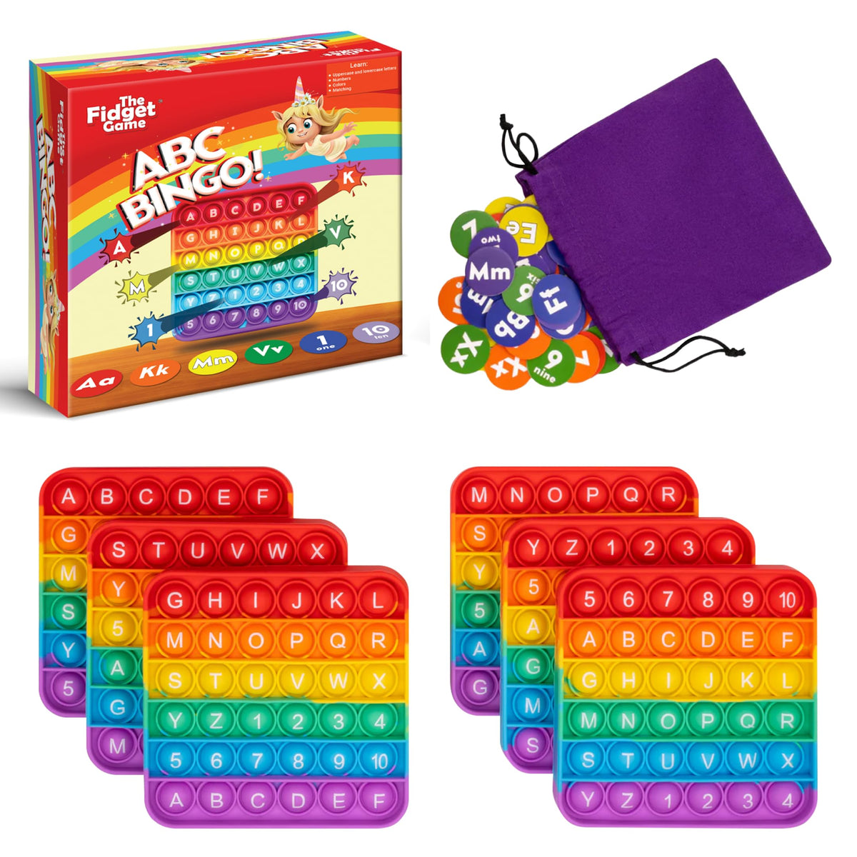 The Fidget Game ABC Bingo mats in durable silicone for interactive learning.