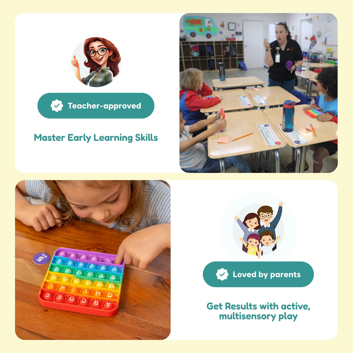 Compact setup area for 2-6 players supports classroom use with The Fidget Game ABC Bingo.