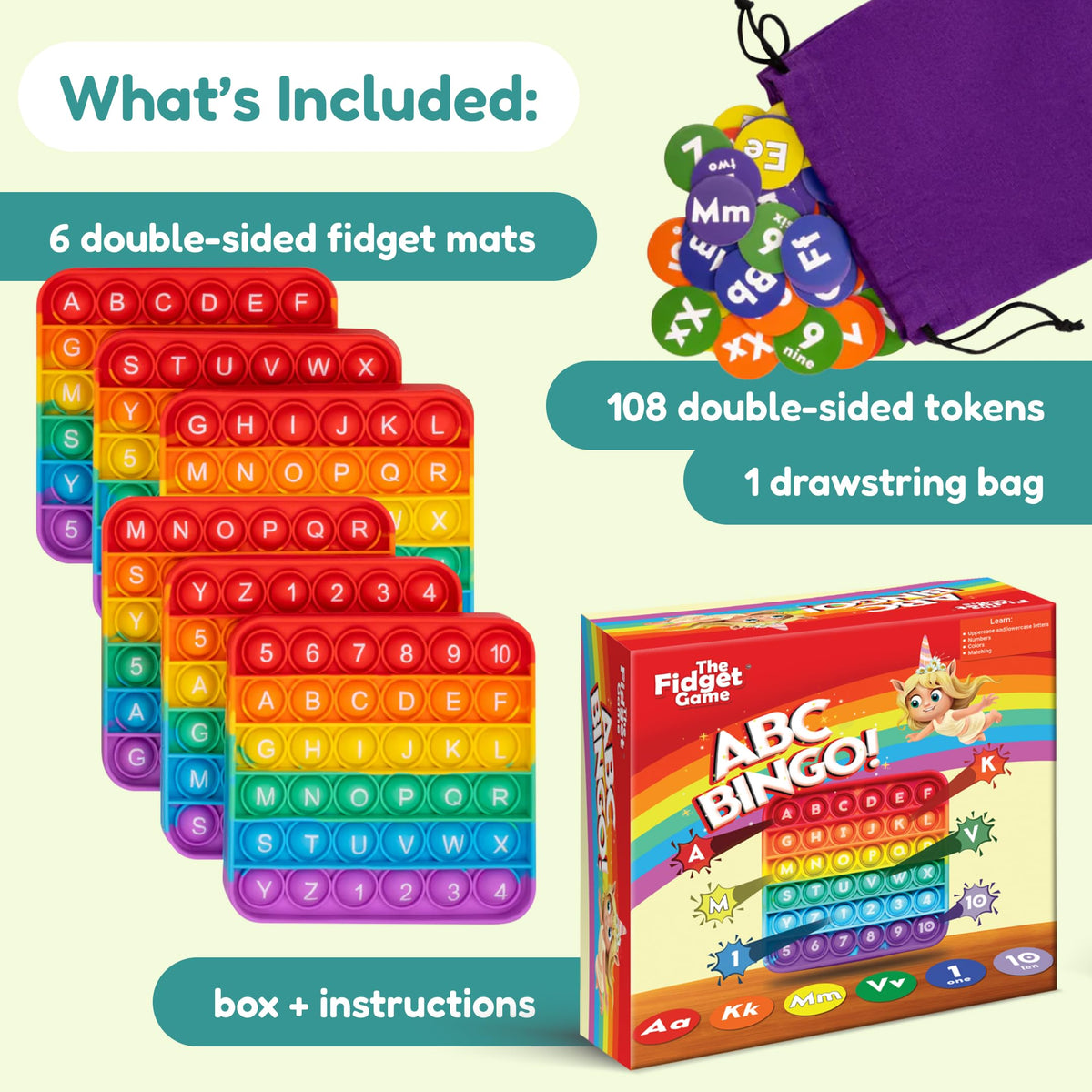 The Fidget Game ABC Bingo tokens add color and hands-on matching.