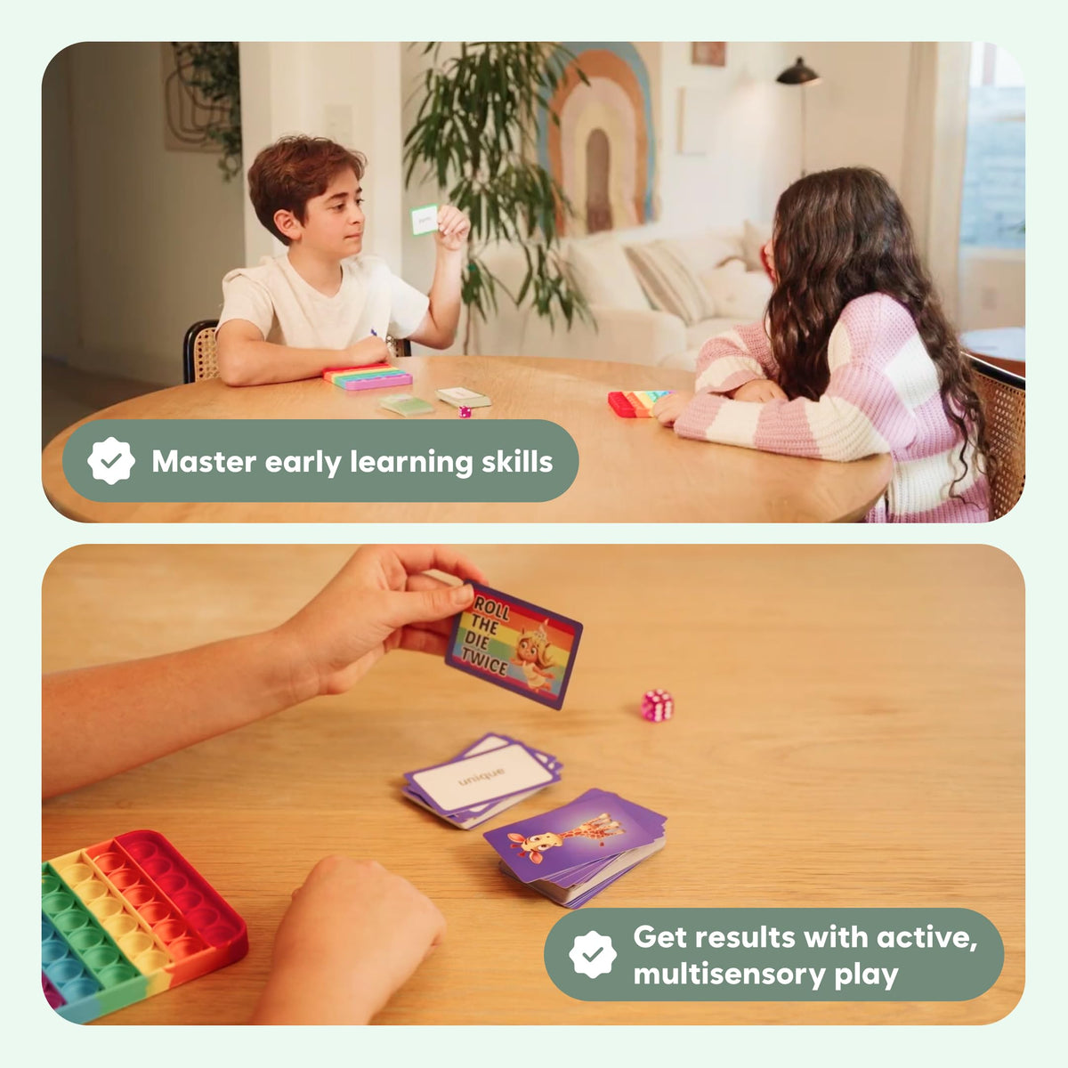 The Fidget Game Die helps pace turns and prompt vocabulary challenges.