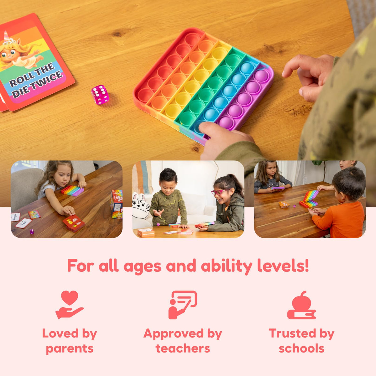 The Fidget Game Dolch-220 mats provide blank surfaces for word recognition practice.