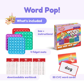 The Fidget Game popping mat and flashcards enhance engagement during reading practice.
