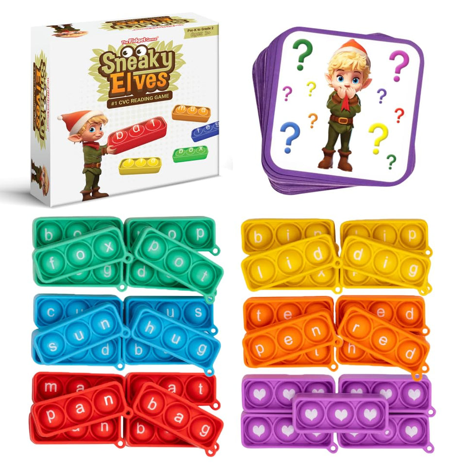 The Fidget Game Sneaky Elves elf cards to practice CVC sounds with playful prompts.