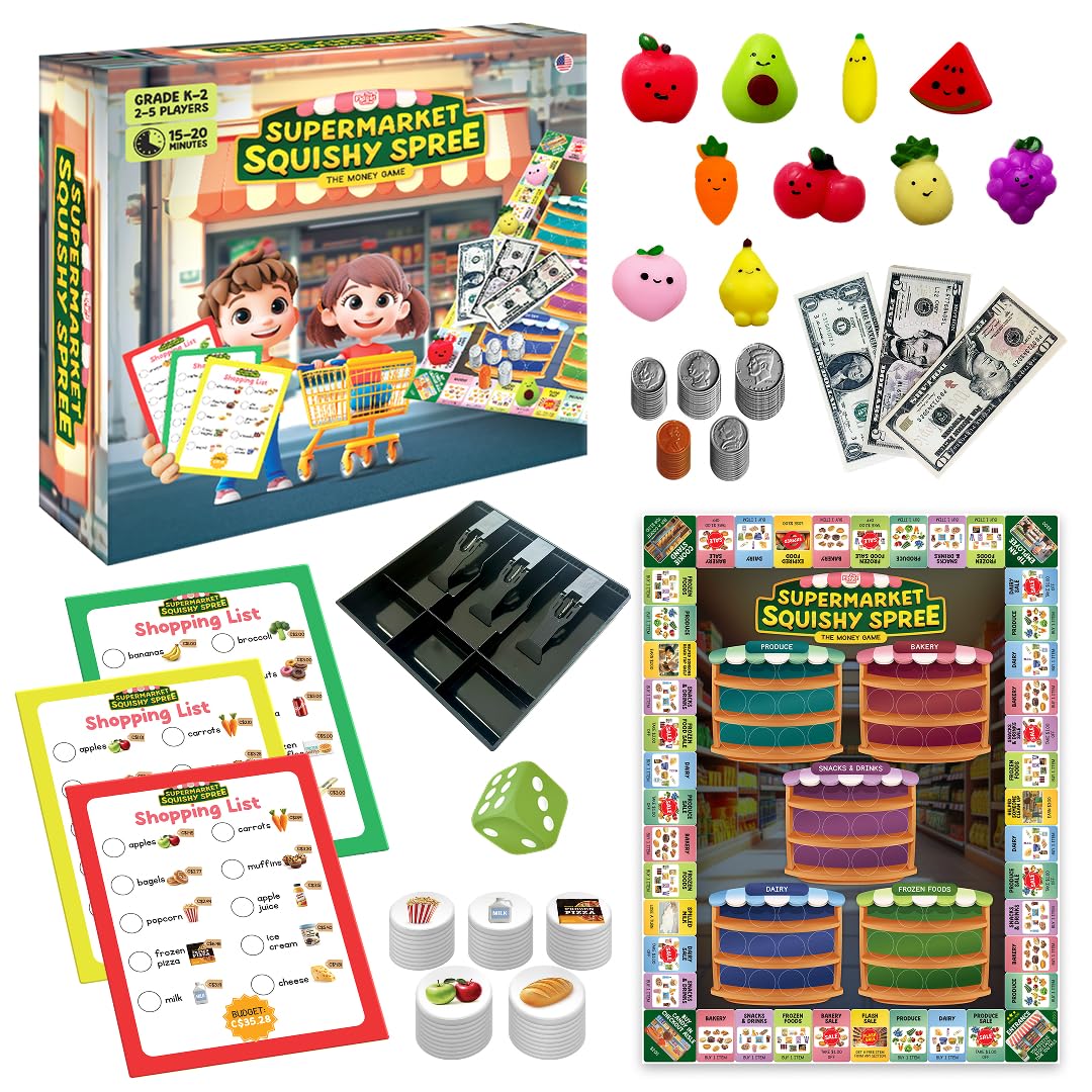 The Fidget Game squishy pawns for hands-on money practice during play.
