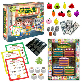 The Fidget Game squishy pawns for hands-on money practice during play.