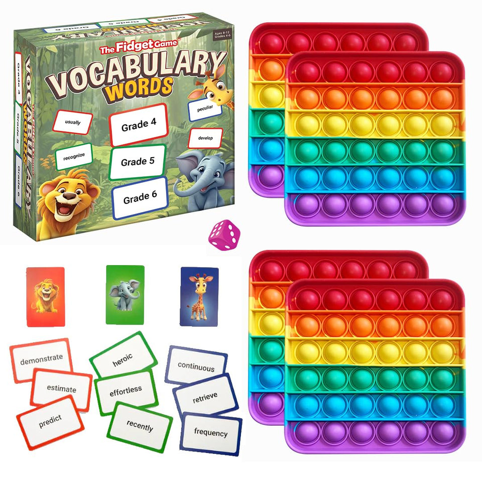 The Fidget Game Vocabulary Words card set for classroom use to expand expressive language.