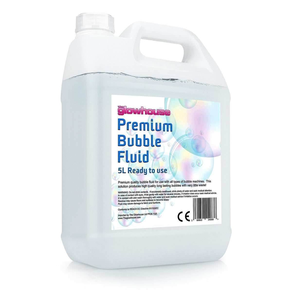 The Glowhouse Premium Bubble Solution 169 oz bottle ready for big bubbles and easy use.