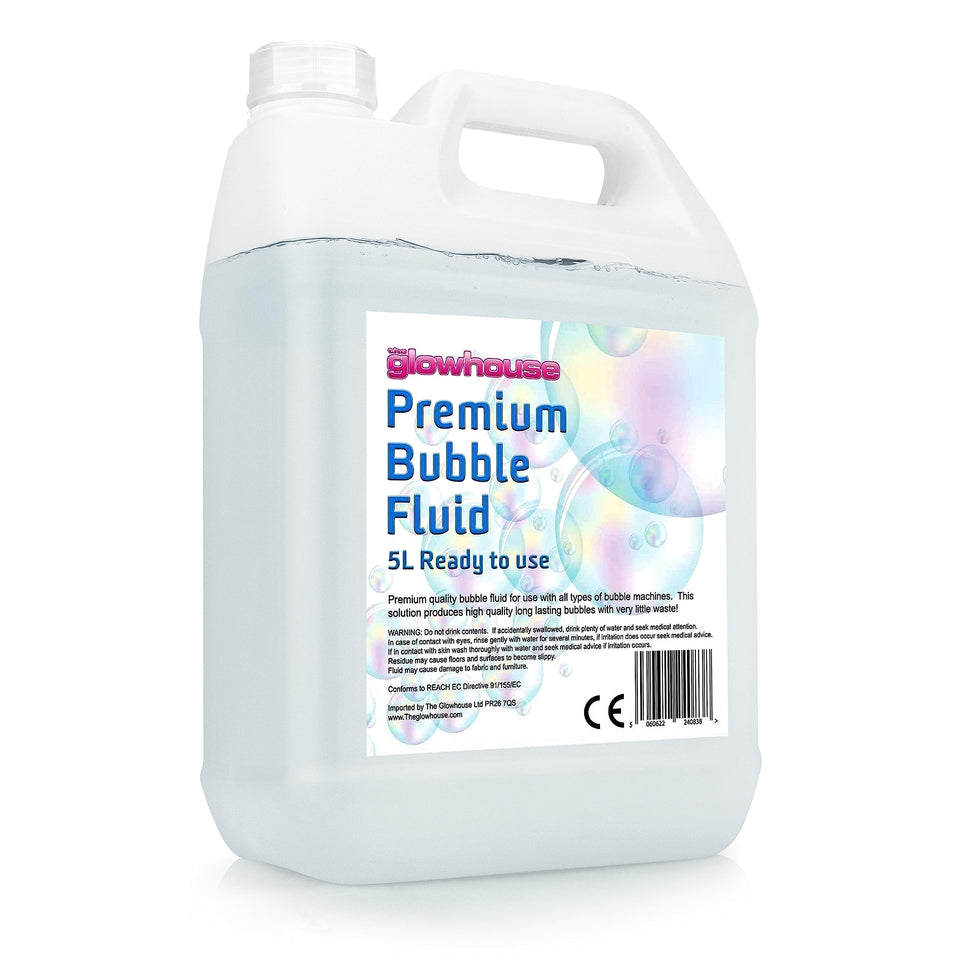 The Glowhouse Premium Bubble Solution 169 oz bottle ready for big bubbles and easy use.