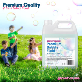 The Glowhouse Premium Bubble Solution bottle pour for immediate bubble output.