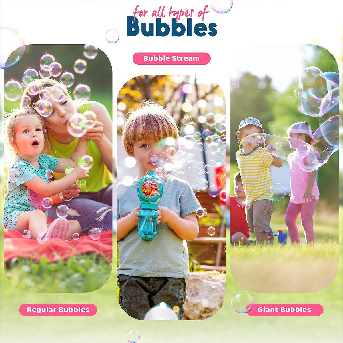 The Glowhouse outdoor-fun shot highlights long-lasting bubbles in sunlight.