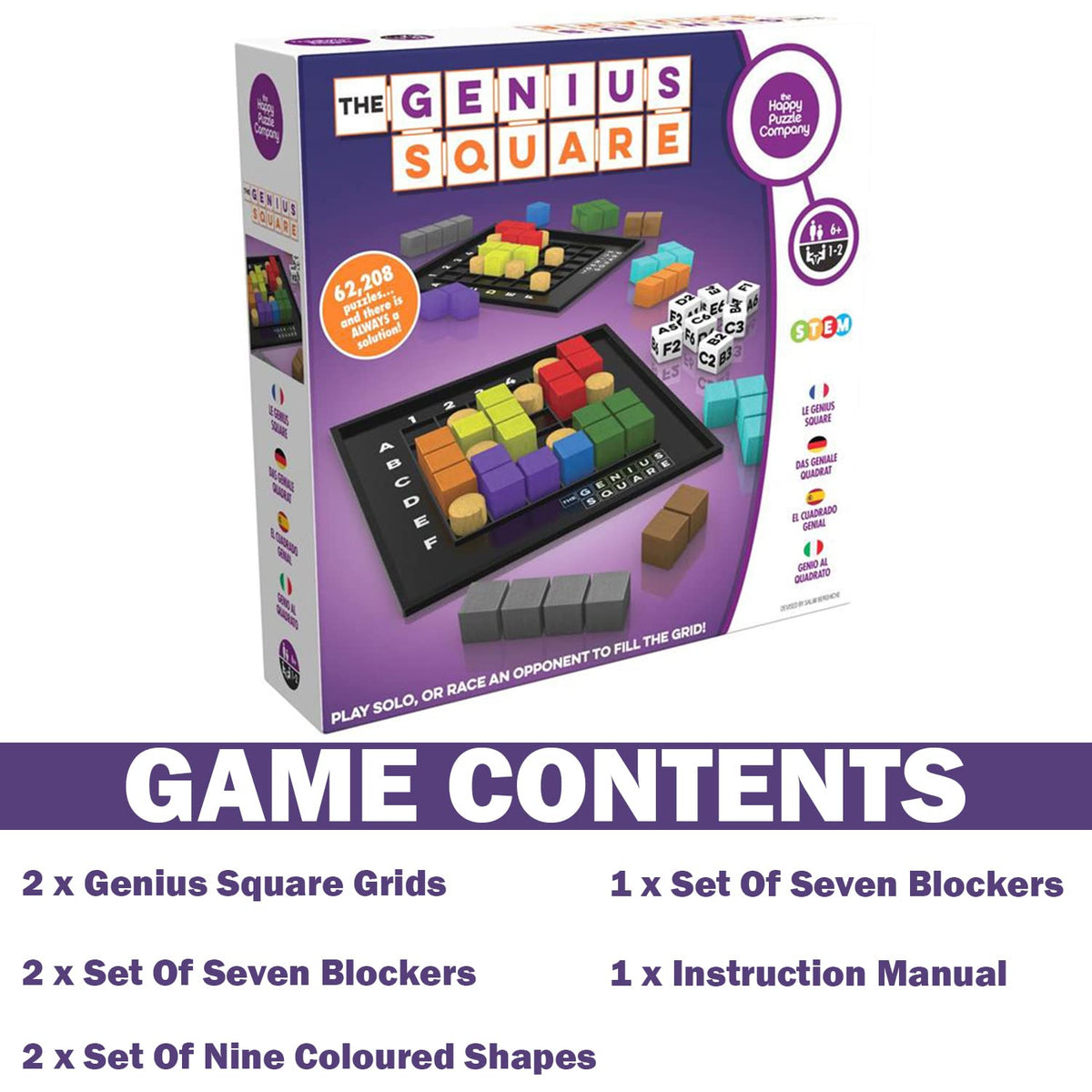Two dice, blockers, and seven color shapes come to life for quick play