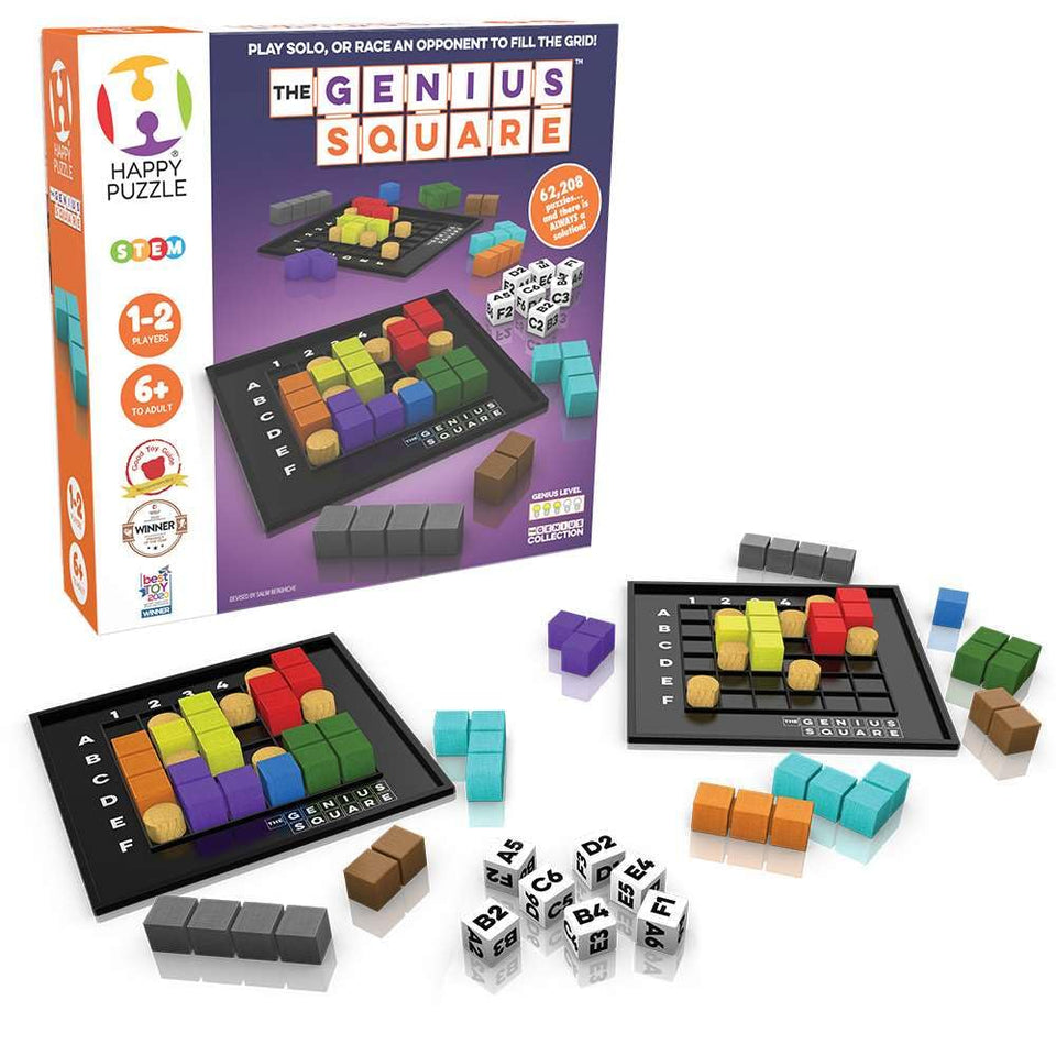 The Genius Square by The Happy Puzzle Company: dice roll setup with two grids for fast competition