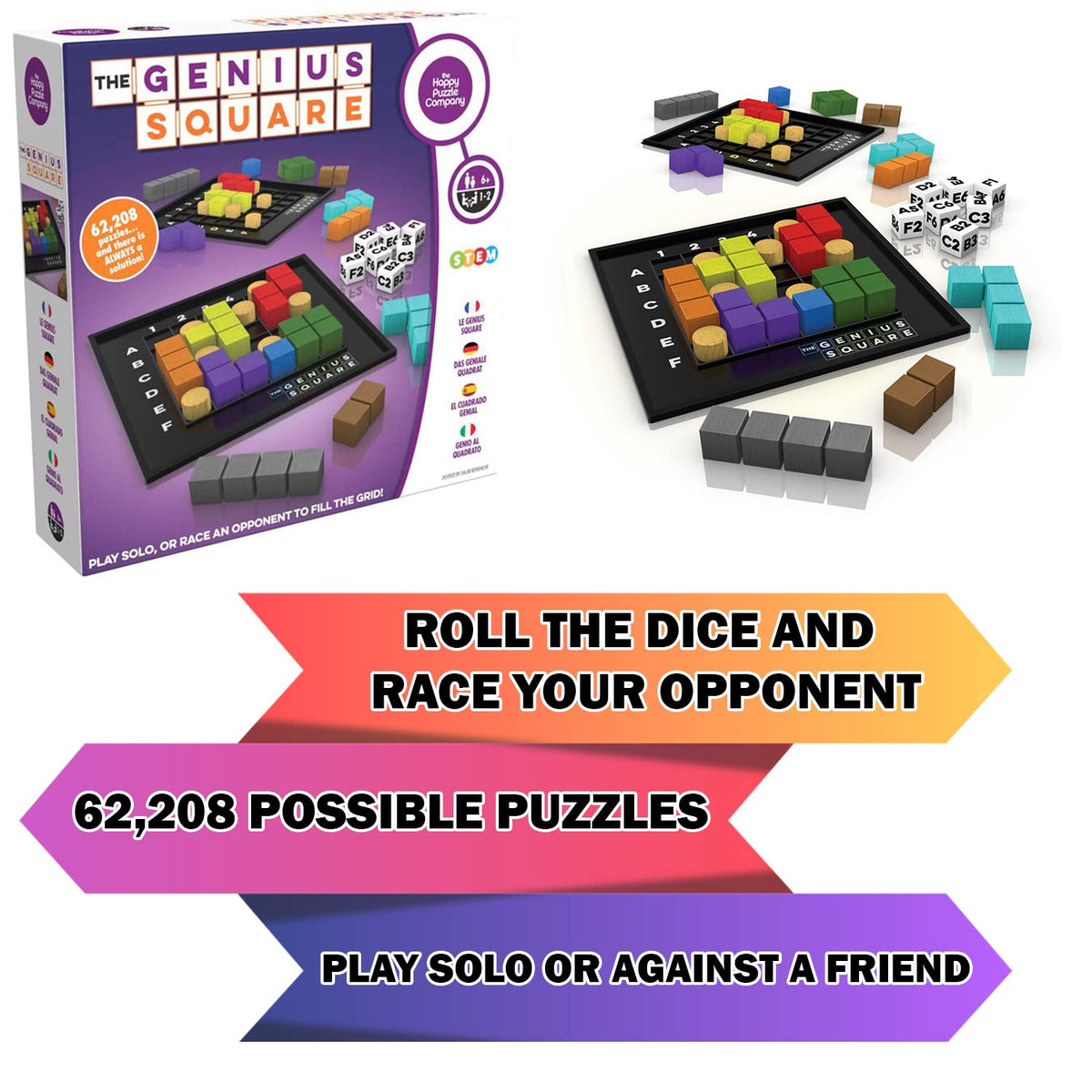 Genius Square visual: colorful shapes snap into place as you strategize