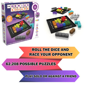 Genius Square visual: colorful shapes snap into place as you strategize