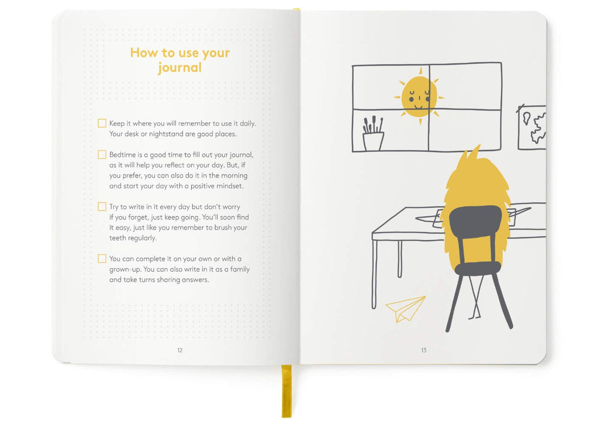 The HappyMe Journal daily-prompts image features kids writing with focus and enthusiasm.
