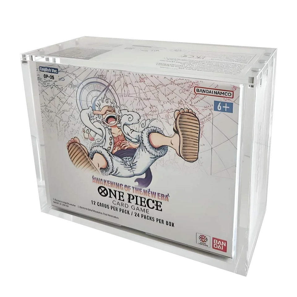 The Hobby Lair deluxe acrylic case front view protects and displays an OP booster box.