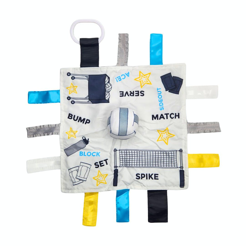 The Learning Lovey Baby Jack Co 10x10 volleyball blanket sensory toy for tactile stimulation