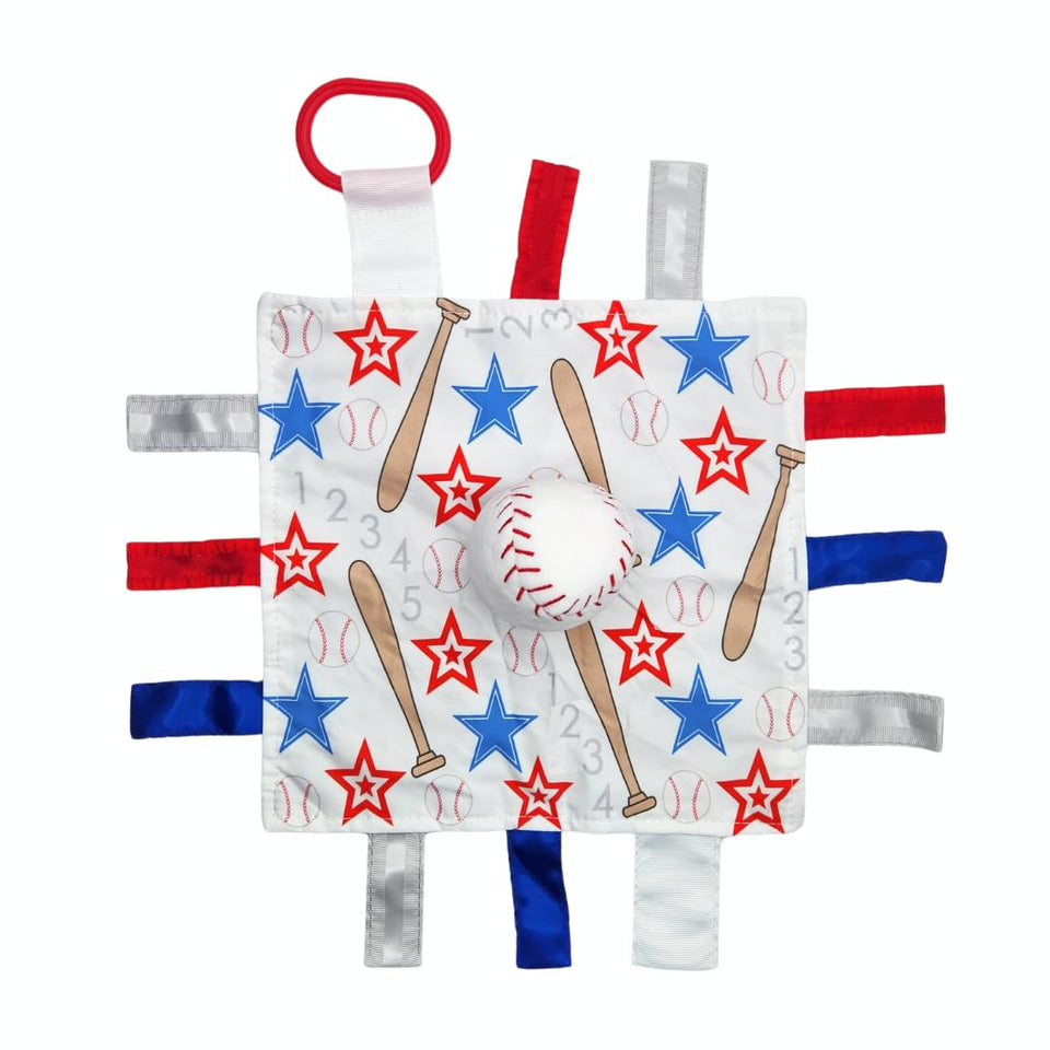 The Learning Lovey Baby Jack Co. sensory tag lovey baseball close-up for tiny hands