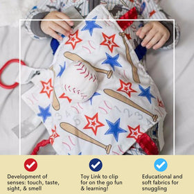 The Learning Lovey compact travel design fits easily in a diaper bag