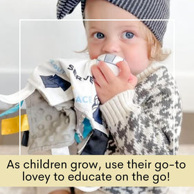The Learning Lovey compact toy is ideal for strollers, carriers, and diaper bags