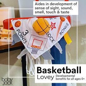 The Learning Lovey sewn-ribbon-safety highlights risk-free play with securely integrated ribbons