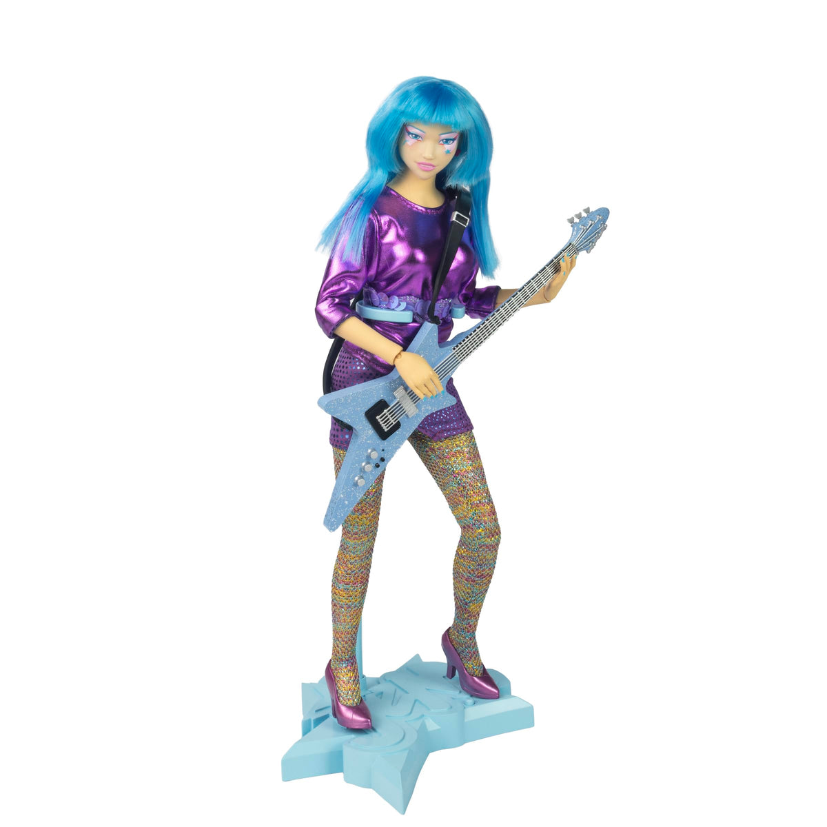 The Loyal Subjects Aja 12-inch doll on stage with electric guitar for dynamic, imaginative rock performances.
