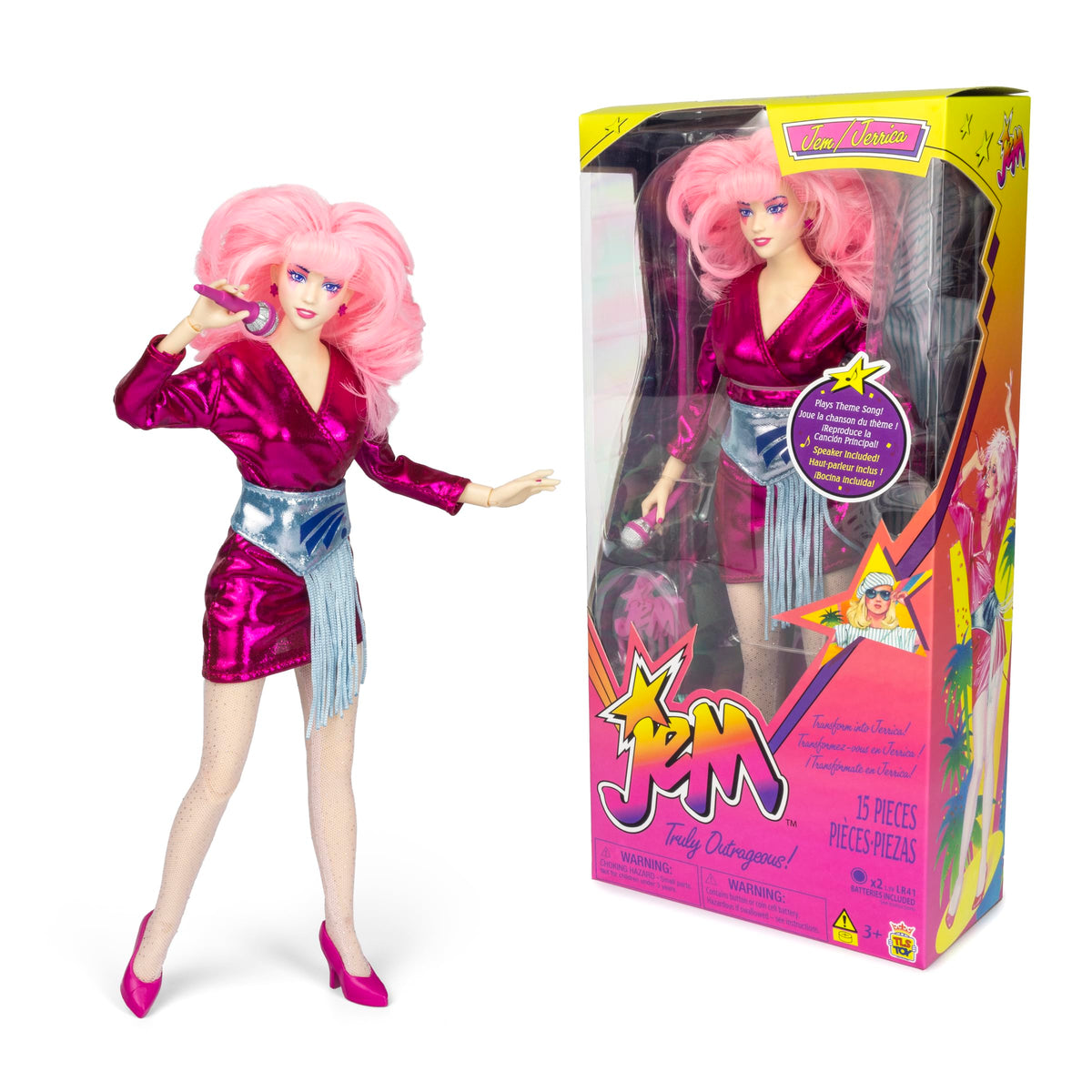 The Loyal Subjects Jem 12-inch doll features mic-stand pose-ready for dynamic performances.
