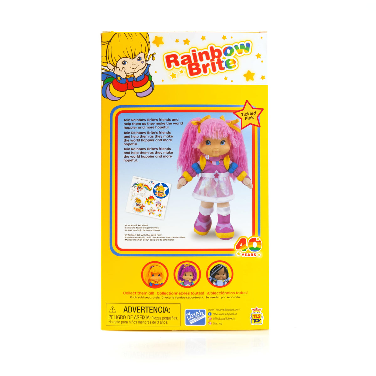 The Loyal Subjects Rainbow Brite Tickled Pink doll with sticker sheet adds collectible and fun activity.