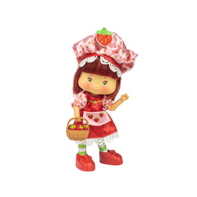 The Loyal Subjects Strawberry Shortcake Party-Pleaser doll in a vibrant red dress ready for display.
