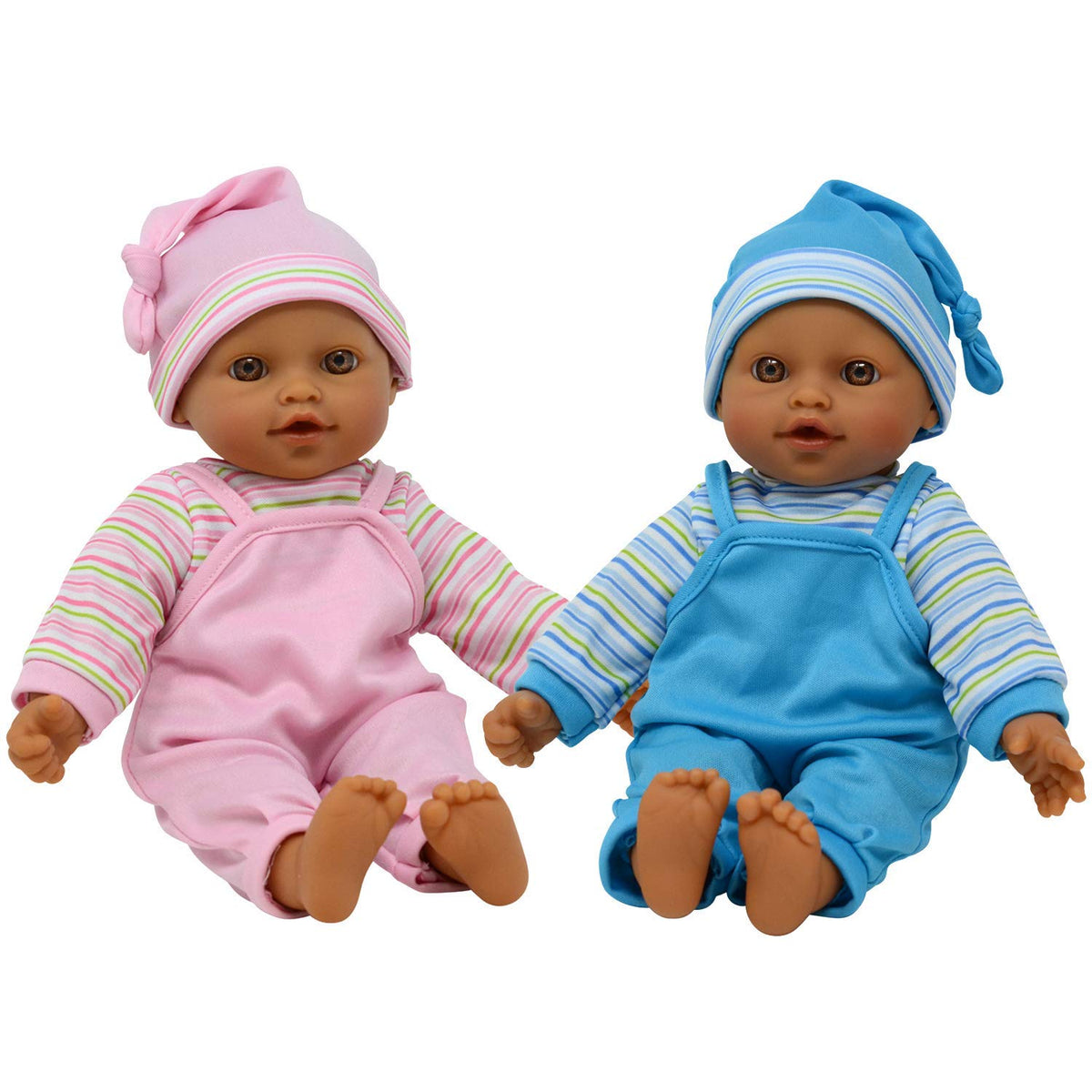 The New York Doll Collection 12-inch Hispanic twin dolls with pacifier for easy pretend play.