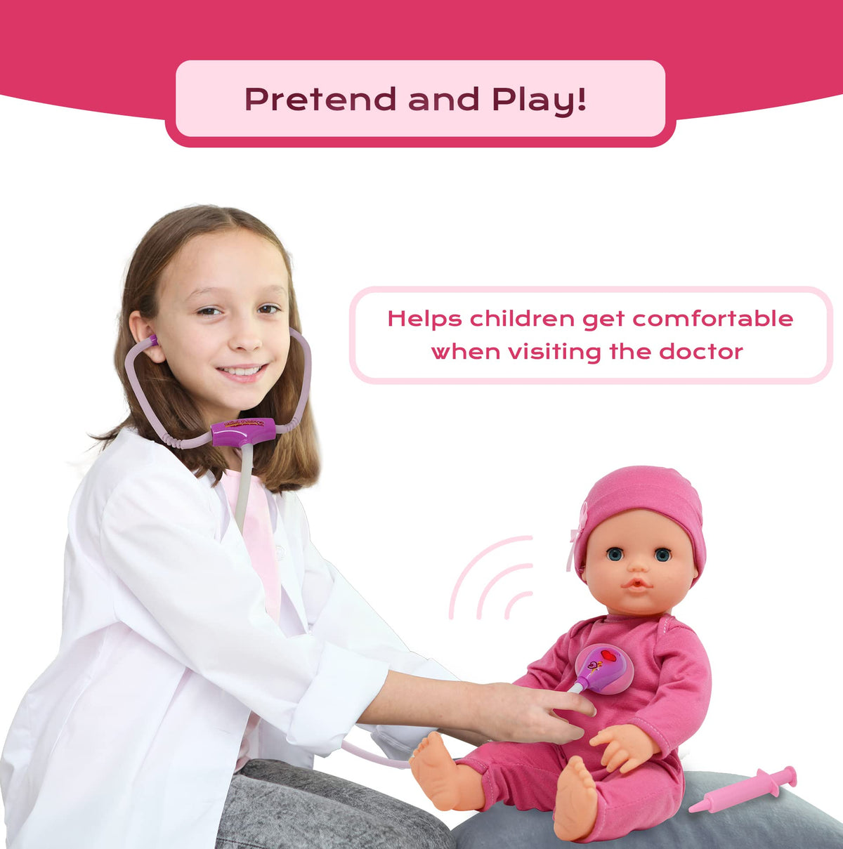 The New York Doll Collection 16-inch doll shown as a caring patient during play.