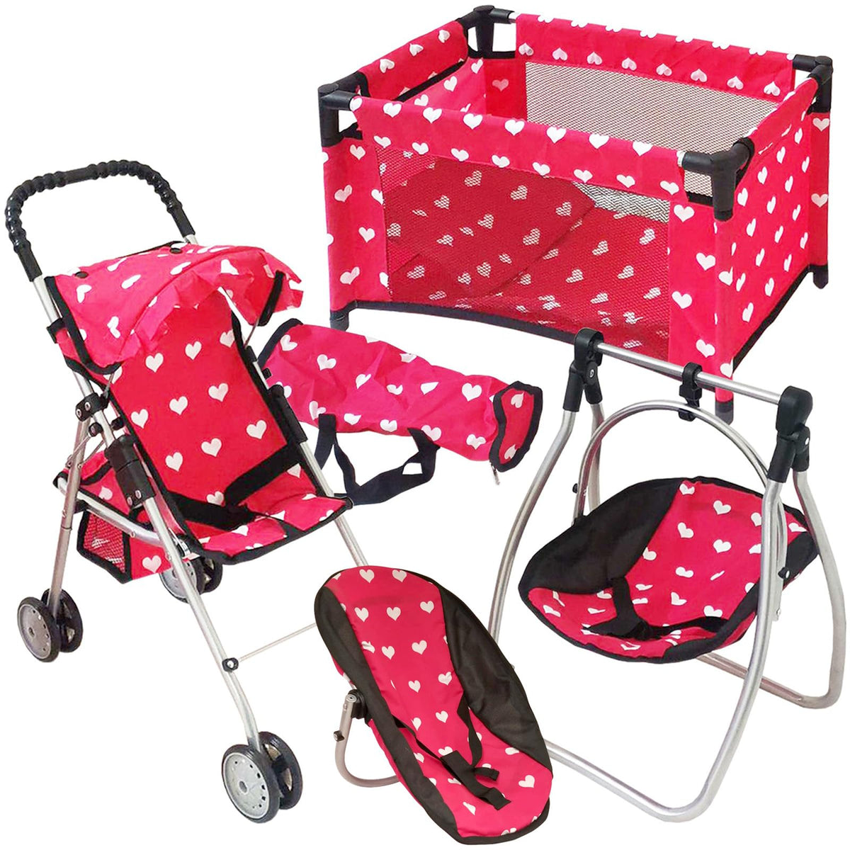 The New York Doll Collection deluxe stroller with crib, portable playset for 18-inch dolls