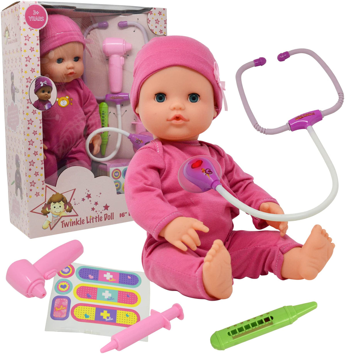 The New York Doll Collection doctor kit with heartbeat stethoscope in pretend checkups.