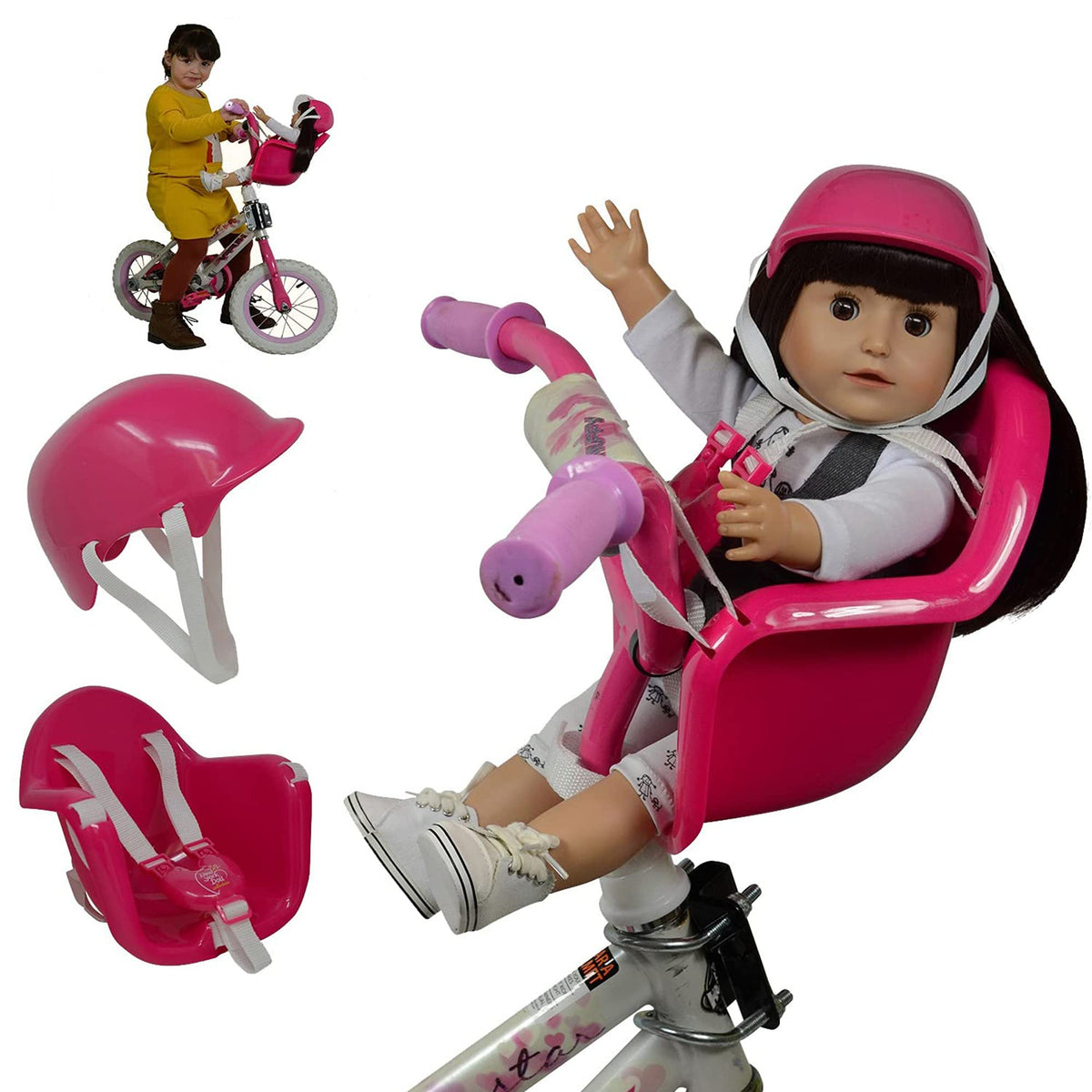 The New York Doll Collection doll bike seat carrier on a kid's bike provides a safe ride experience.
