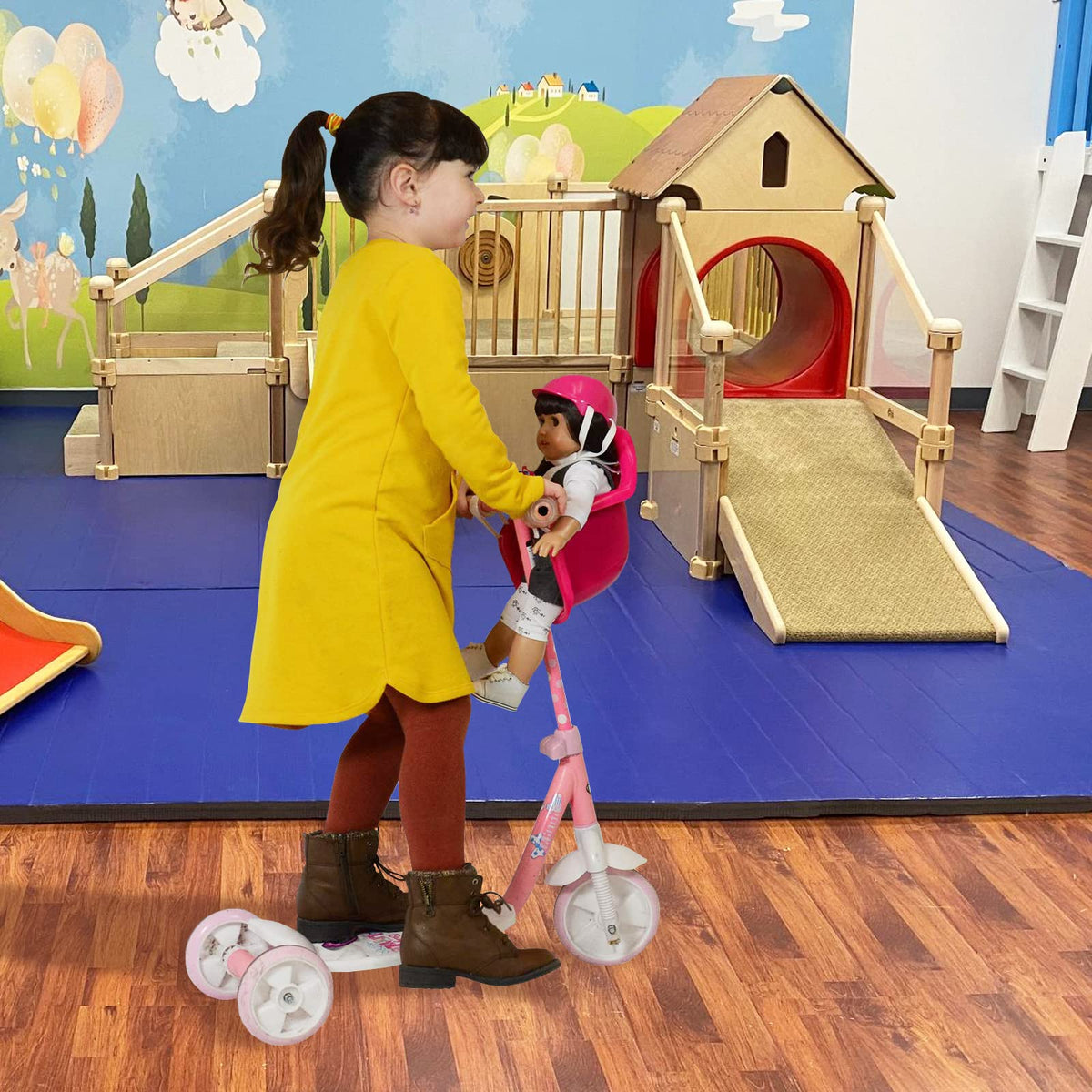 The New York Doll Collection doll bike seat clip-on attaches quickly for easy playtime setup.