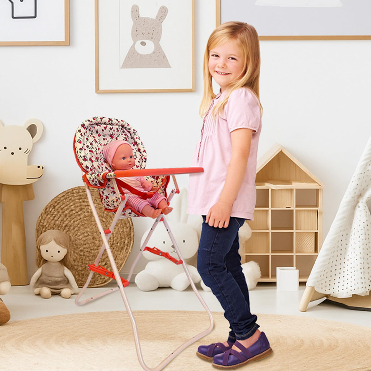 The New York Doll Collection light blue denim high chair with cherry red accents