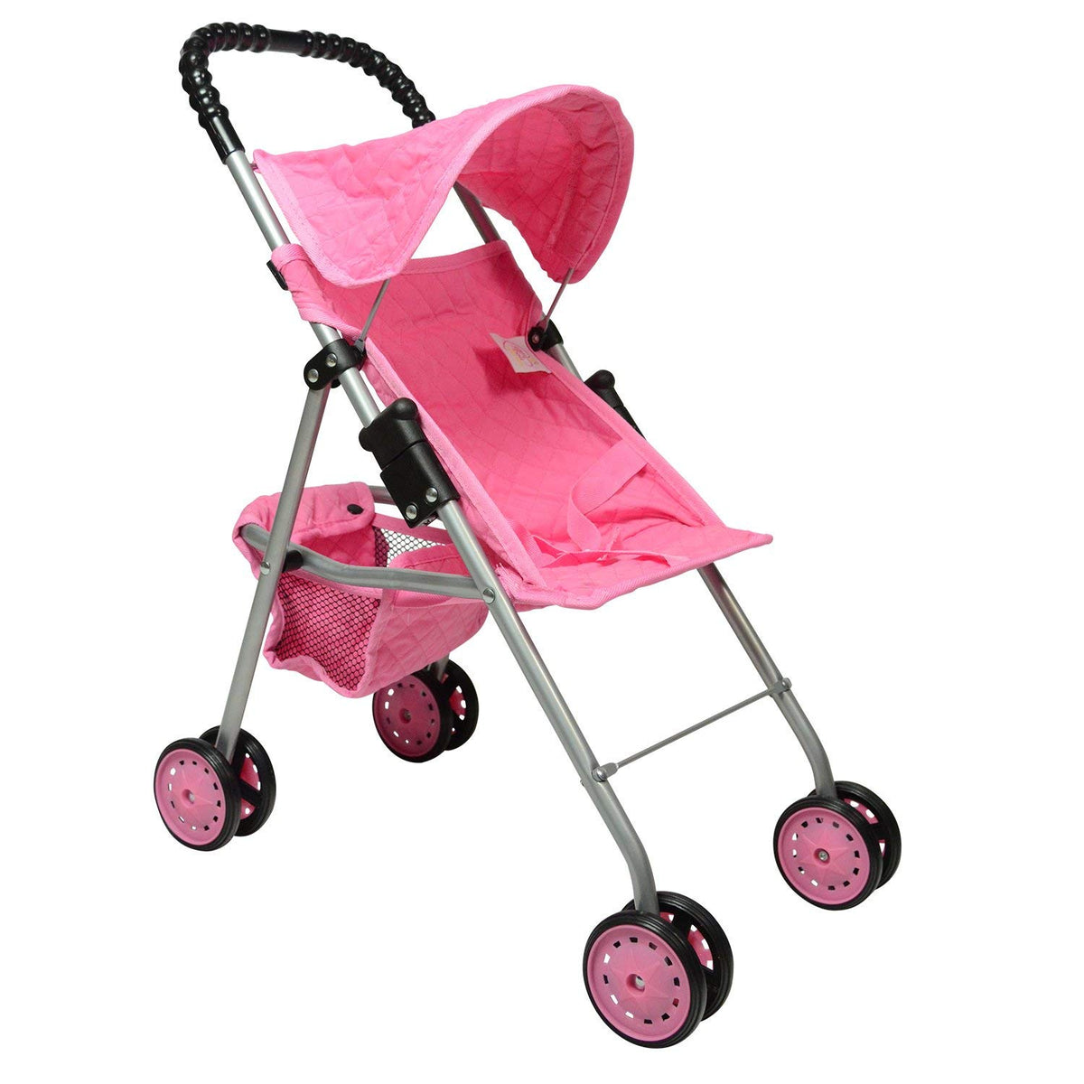 The New York Doll Collection My First Doll Stroller with pink quilted hood, ready for play.