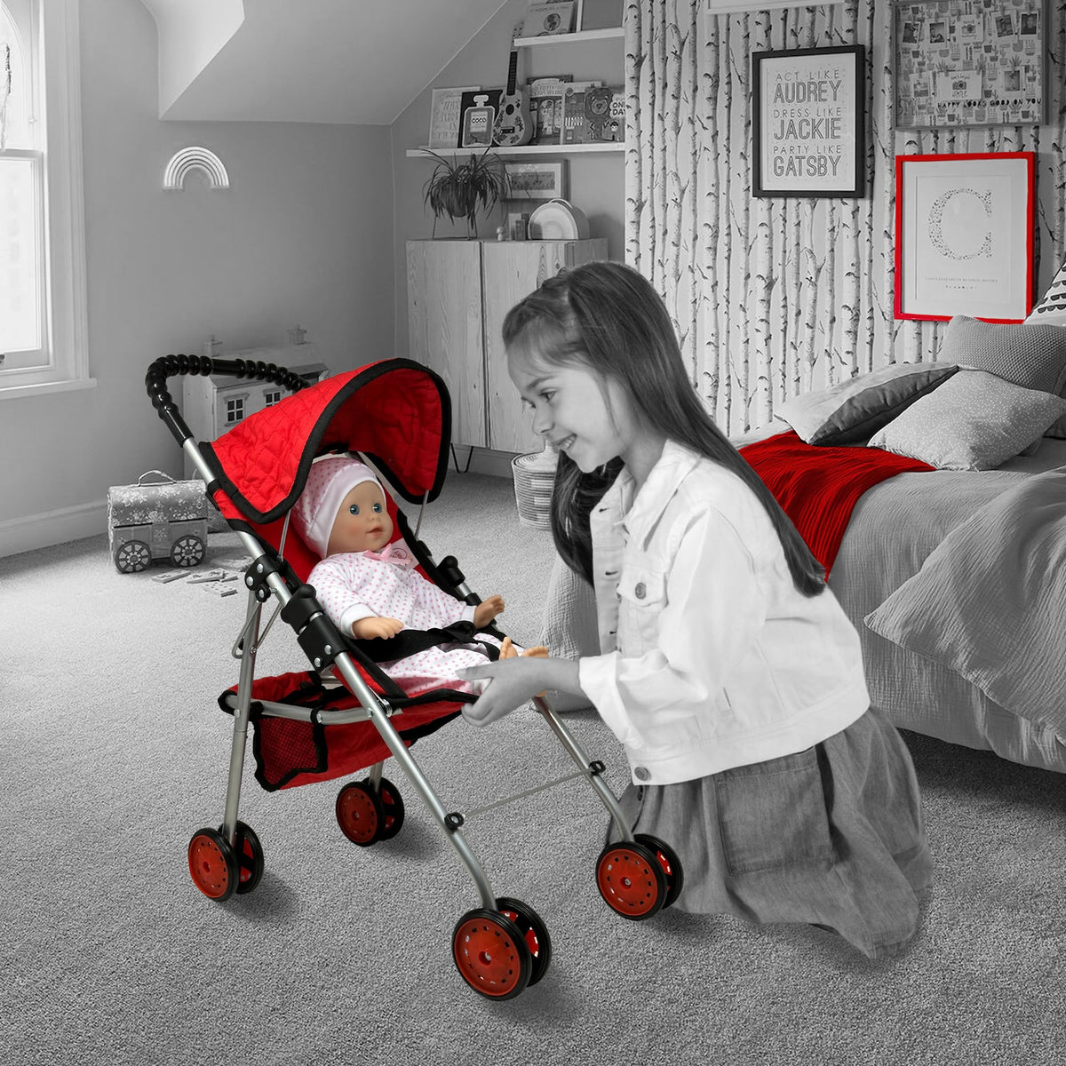 The New York Doll Collection foldable umbrella stroller demonstrates quick setup and playtime.