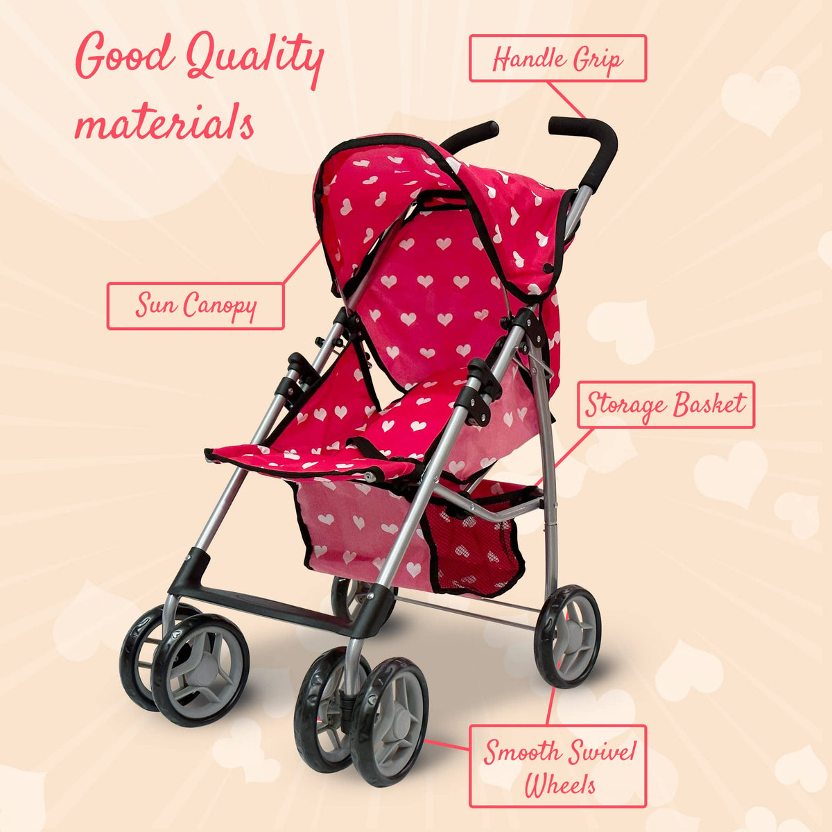 The New York Doll Collection canopy offers shade during outdoor pretend play.