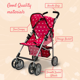 The New York Doll Collection canopy offers shade during outdoor pretend play.