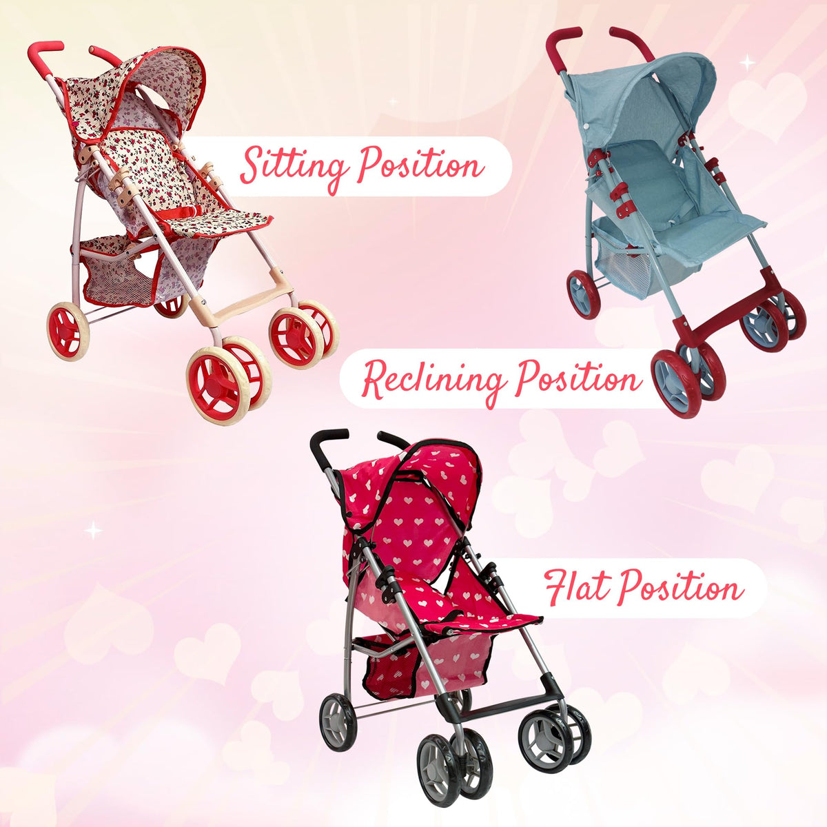 The New York Doll Collection stroller includes a storage basket beneath for doll accessories.