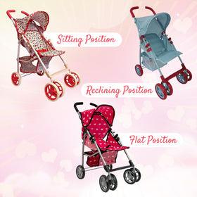 The New York Doll Collection stroller includes a storage basket beneath for doll accessories.