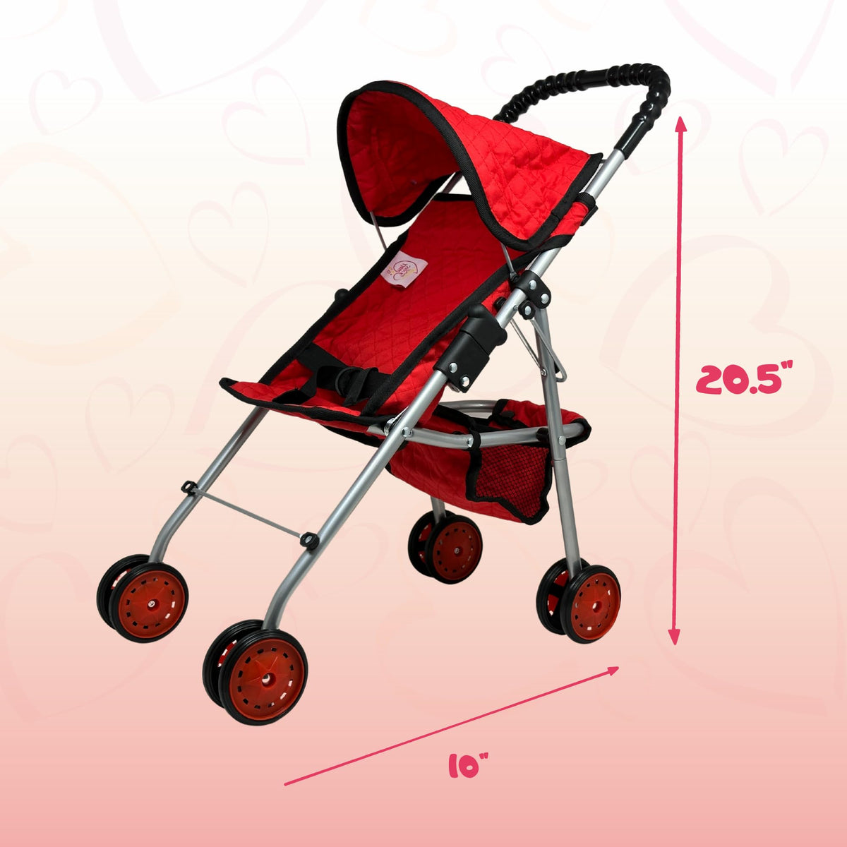 The New York Doll Collection stroller basket detail provides extra storage for toys.