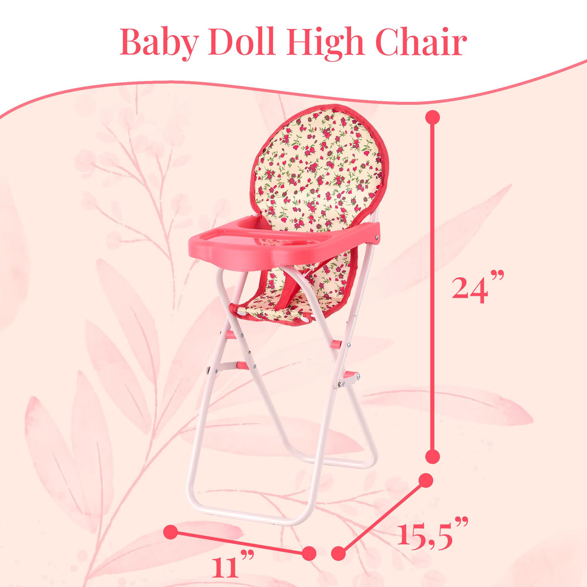 The New York Doll Collection floral print high chair with coral trim for imaginative meals