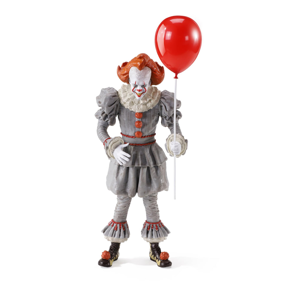 The Noble Collection bendable IT Pennywise figure with red balloon for display.
