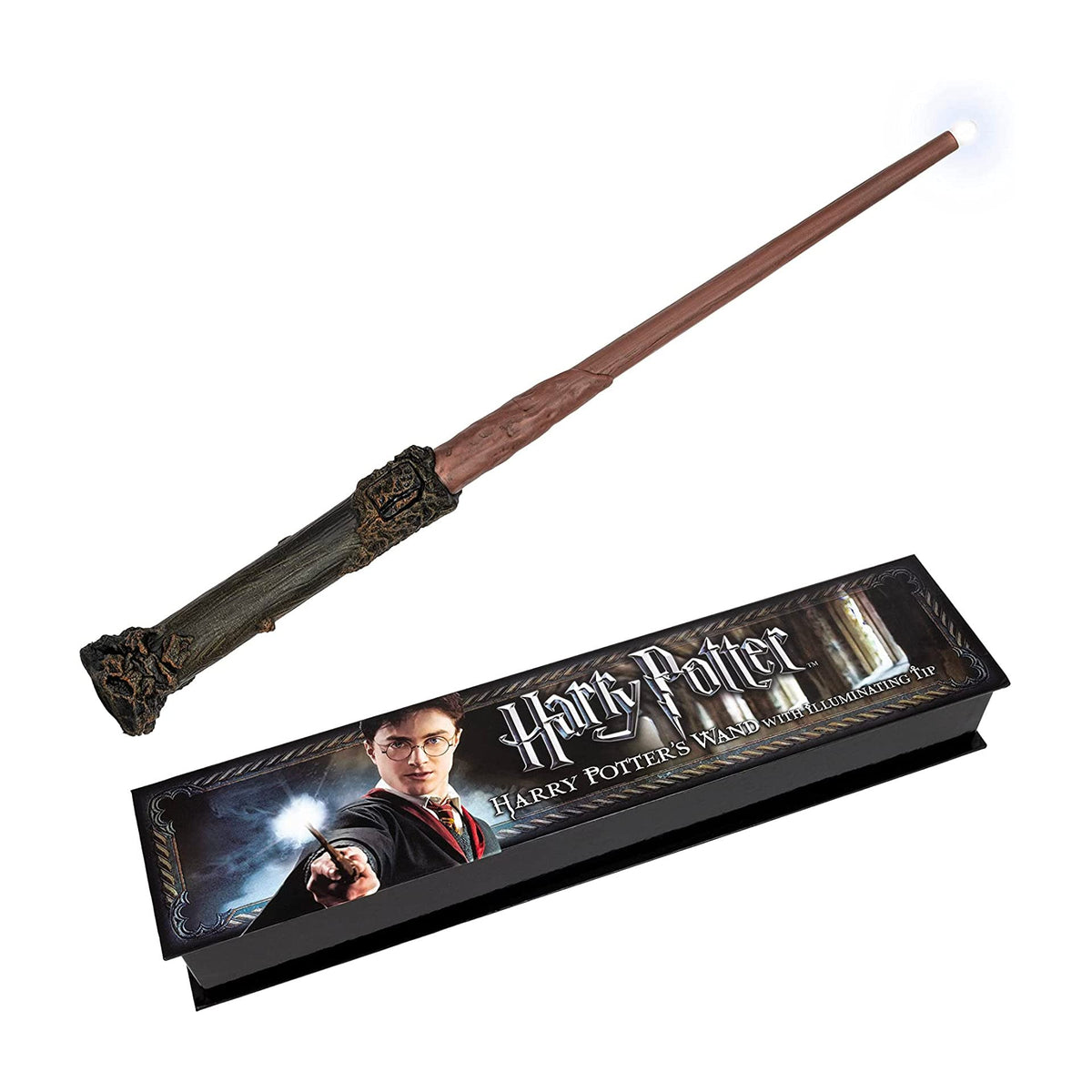 The Noble Collection Illuminating Wand front view — display-ready Harry Potter prop with magical glow