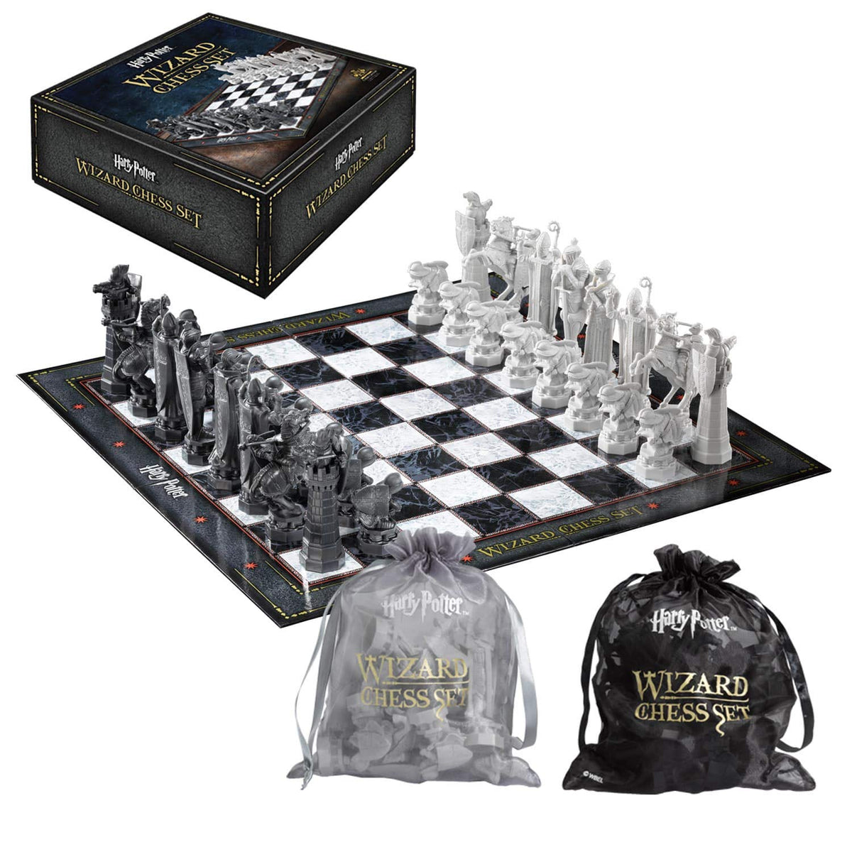 The Noble Collection Harry Potter Wizard Chess Set board with marble textures and metallic logos for display