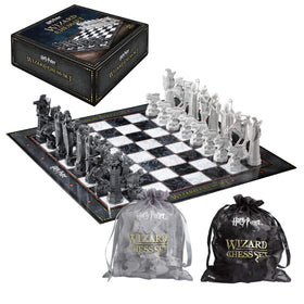 The Noble Collection Harry Potter Wizard Chess Set board with marble textures and metallic logos for display