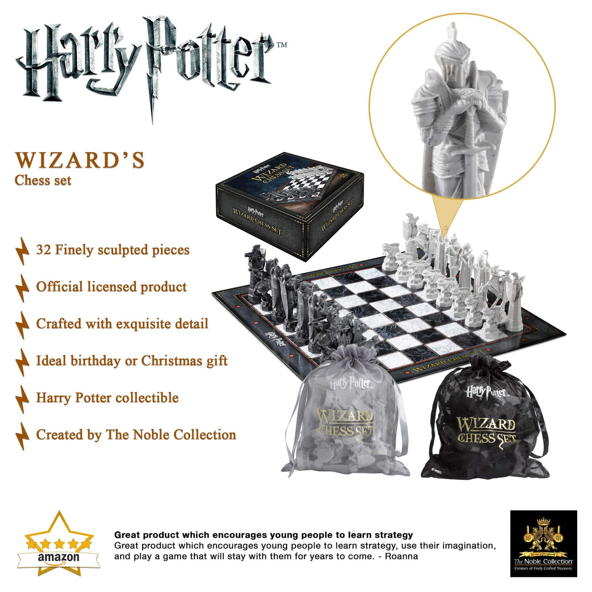The Noble Collection chess set textured pieces evoke film props for tactile, collectible experience